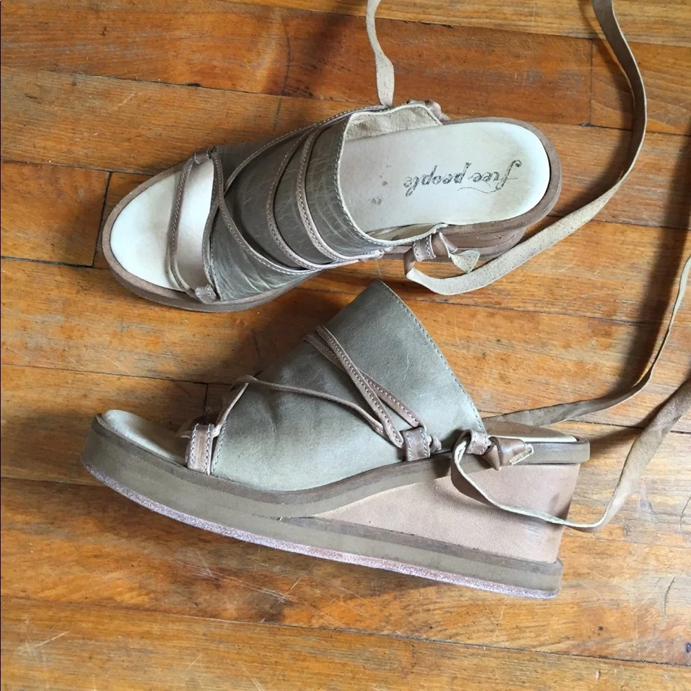 Free People Beige Tan Suede Wrap Wedge Sandals